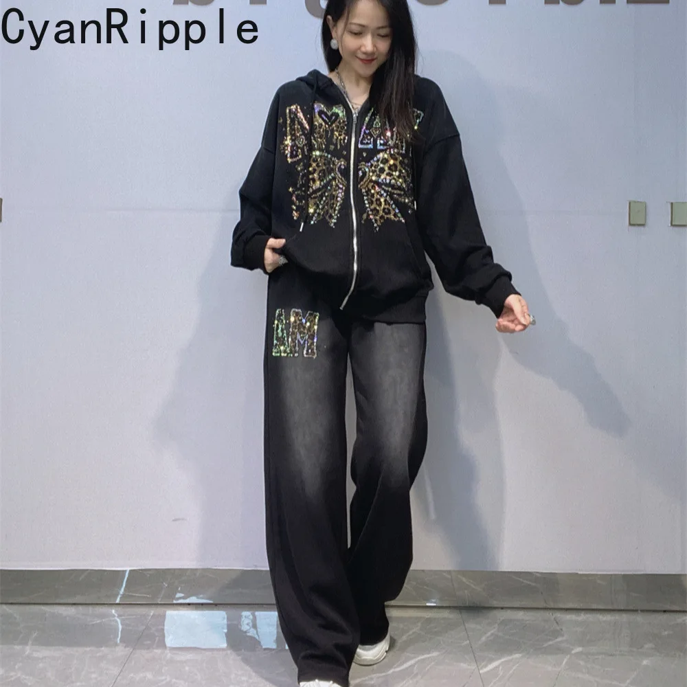 Trendy Autumn Winter Women Hoodie Set Luxury Hot Diamonds Hooded Zip Cardigans Coat + Elastic Waist Casual Wide Leg Sports Pants
