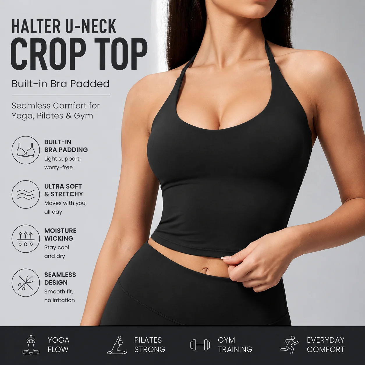 Women's Halter U-Neck Short Crop Top with Built-in Bra Padded Seamless Workout Tank for Yoga Pilates Gym Training
