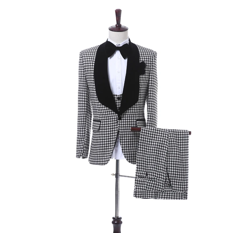 Allingentle Houndstooth Men Suit 3 Piece Set Elegant Thousand Birds Pattern Blazer Wedding Banquet Business Outfits Customize
