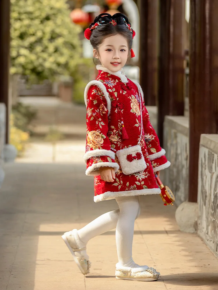Hanfu Girls\' New Year\'s Greetings, Children\'s Chinese Style Tang Winter Clothing, One Year Old Cheongsam Skirt,  New Year Baby