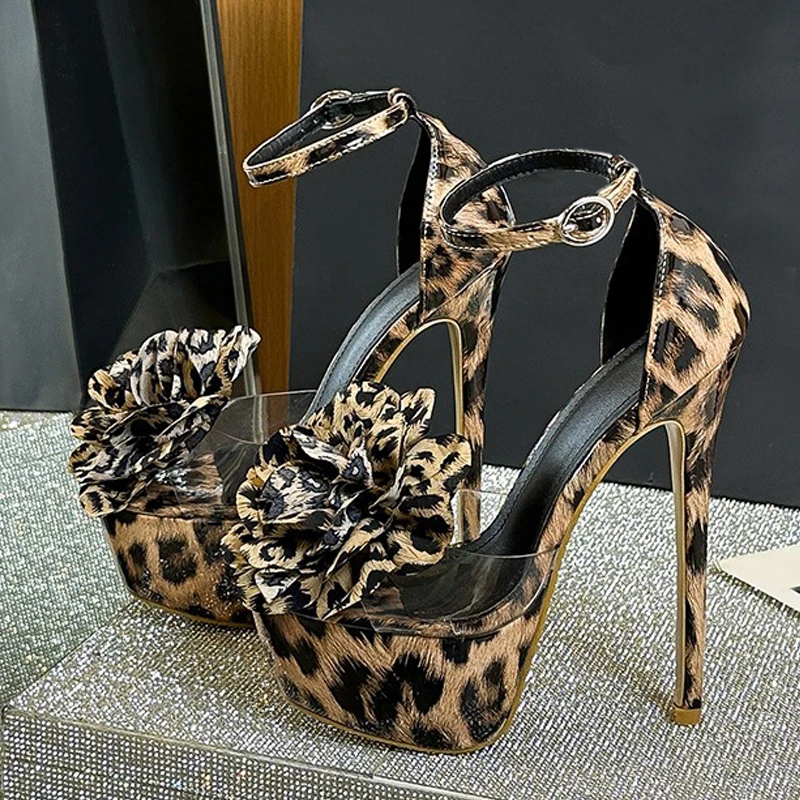 Liyke Fashion Leopard Print Big Flowers PVC Women Platform Sandals Sexy Open Toe 16CM Super High Heels Stripper Pole Dance Shoes - Image 5