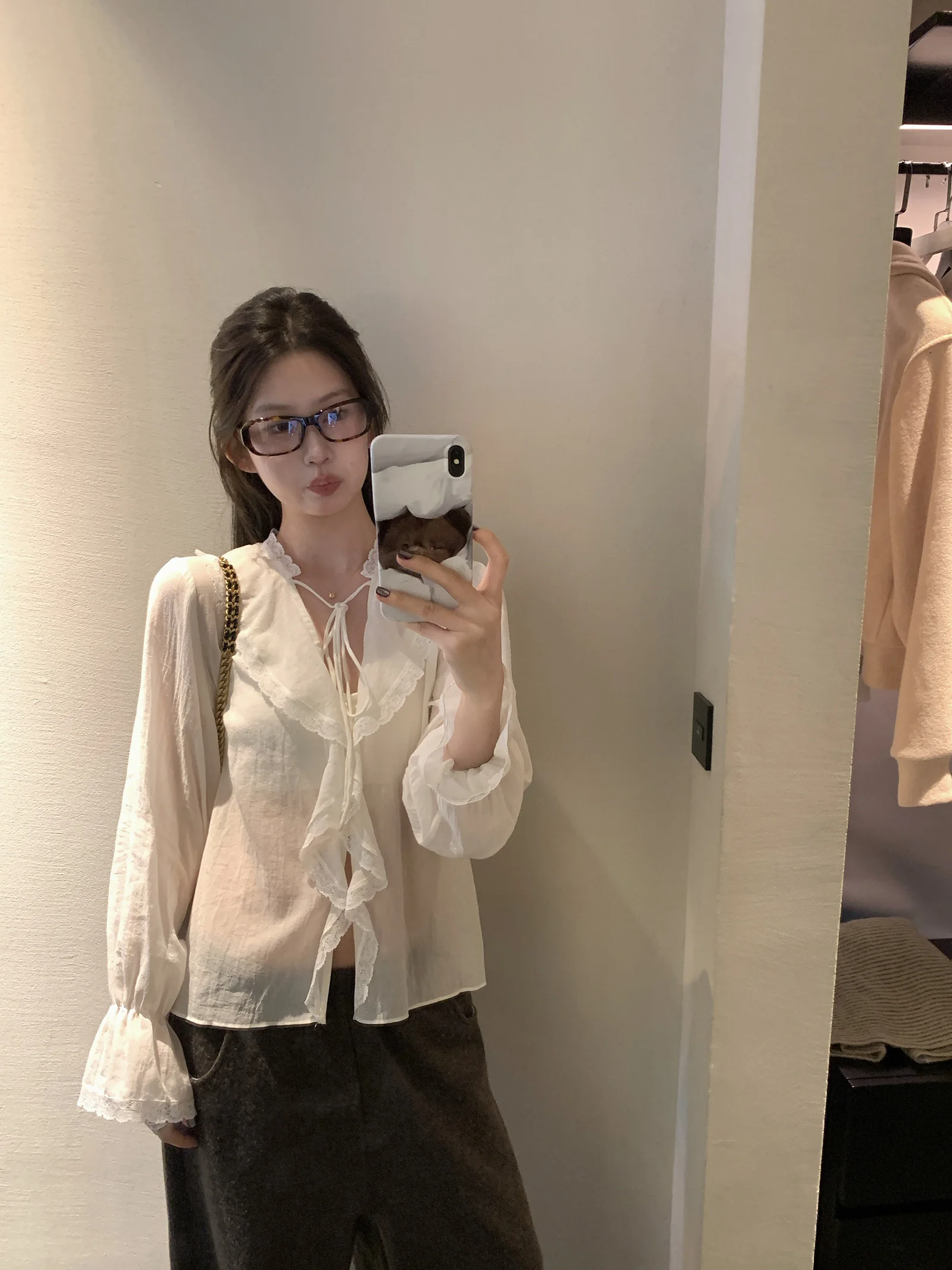 

Однотонный кардиган с длинными рукавами, кружевной отделкой, поясом, из дышащей хлопковой смеси, с V-образным вырезом, для женщин