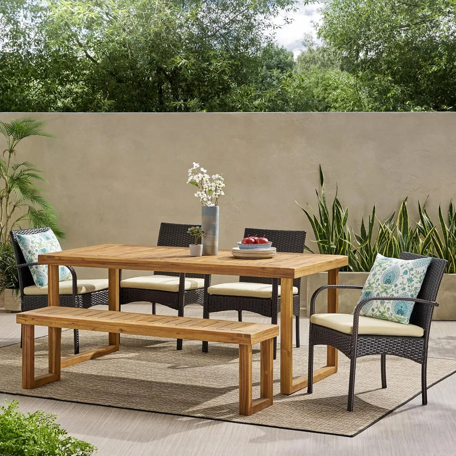 Quessier Outdoor 6-Seater Acacia Wood and Wicker Dining Set with Bench and Water Resistant Cushions