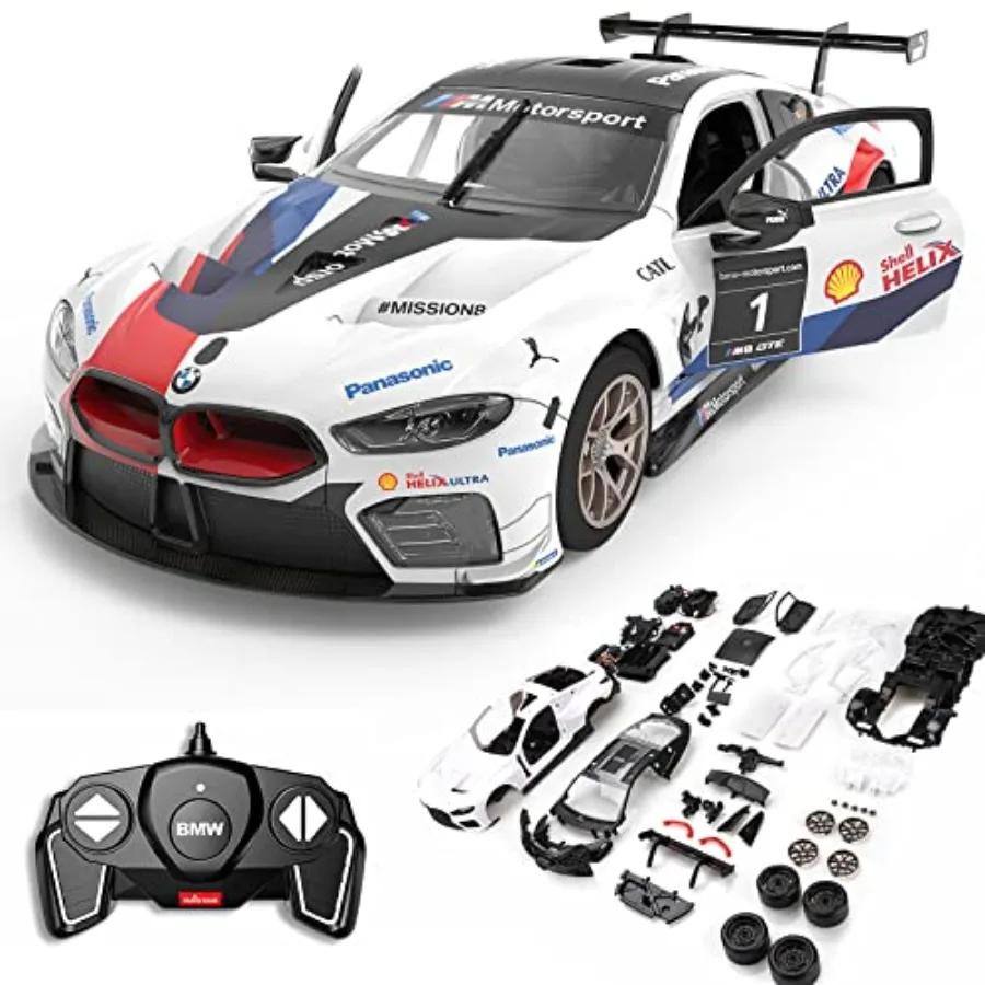RC Car Building Kit For BMW M8 GTE: 1/18 Scale, Plastic Body, Black With Blue Accents, Officially Licensed With Remote Control,