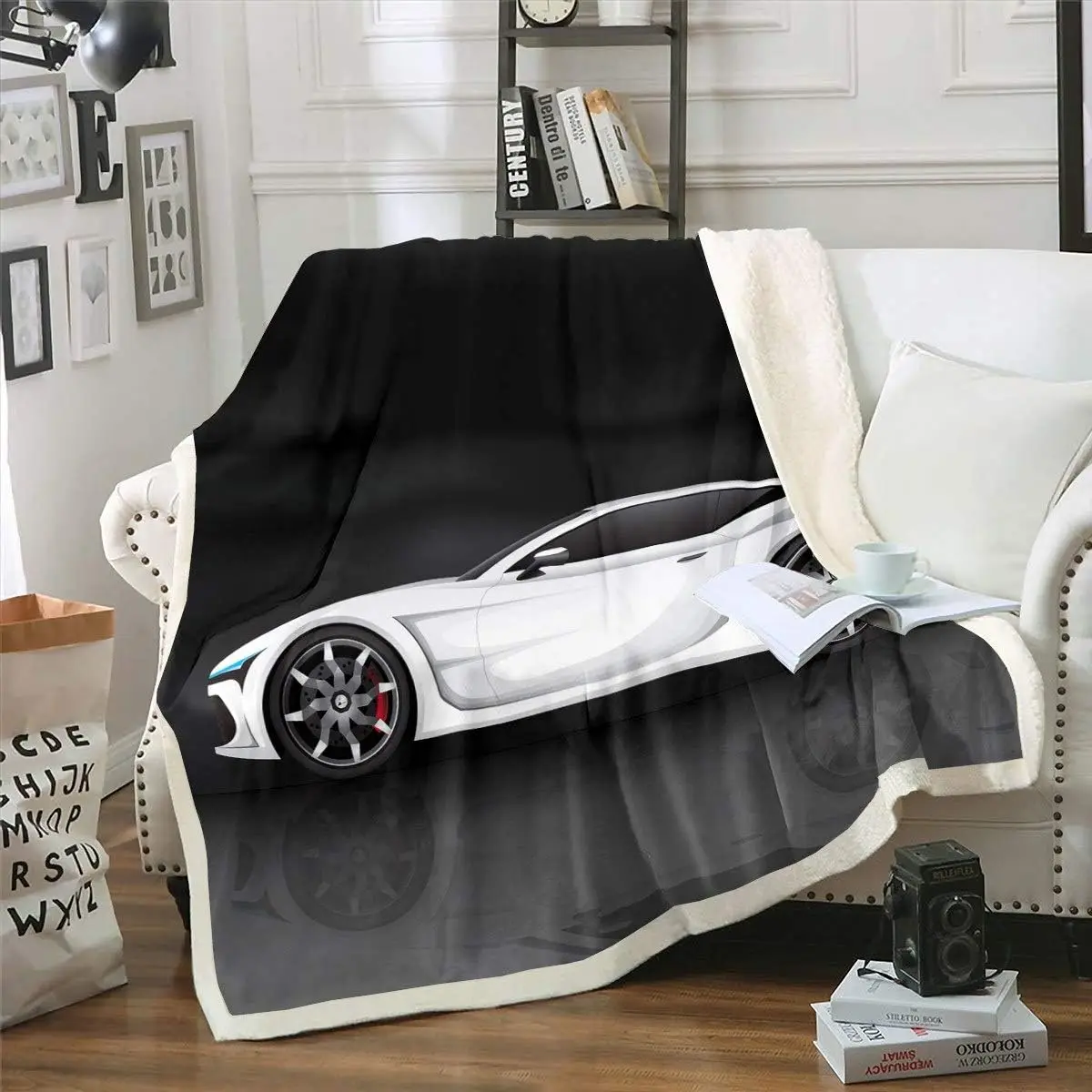 Race Sports Car Fleece Sherpa Blanket Extreme Sports Theme Plush Throw Blanket for Sofa Couch Teens Cool Modern White