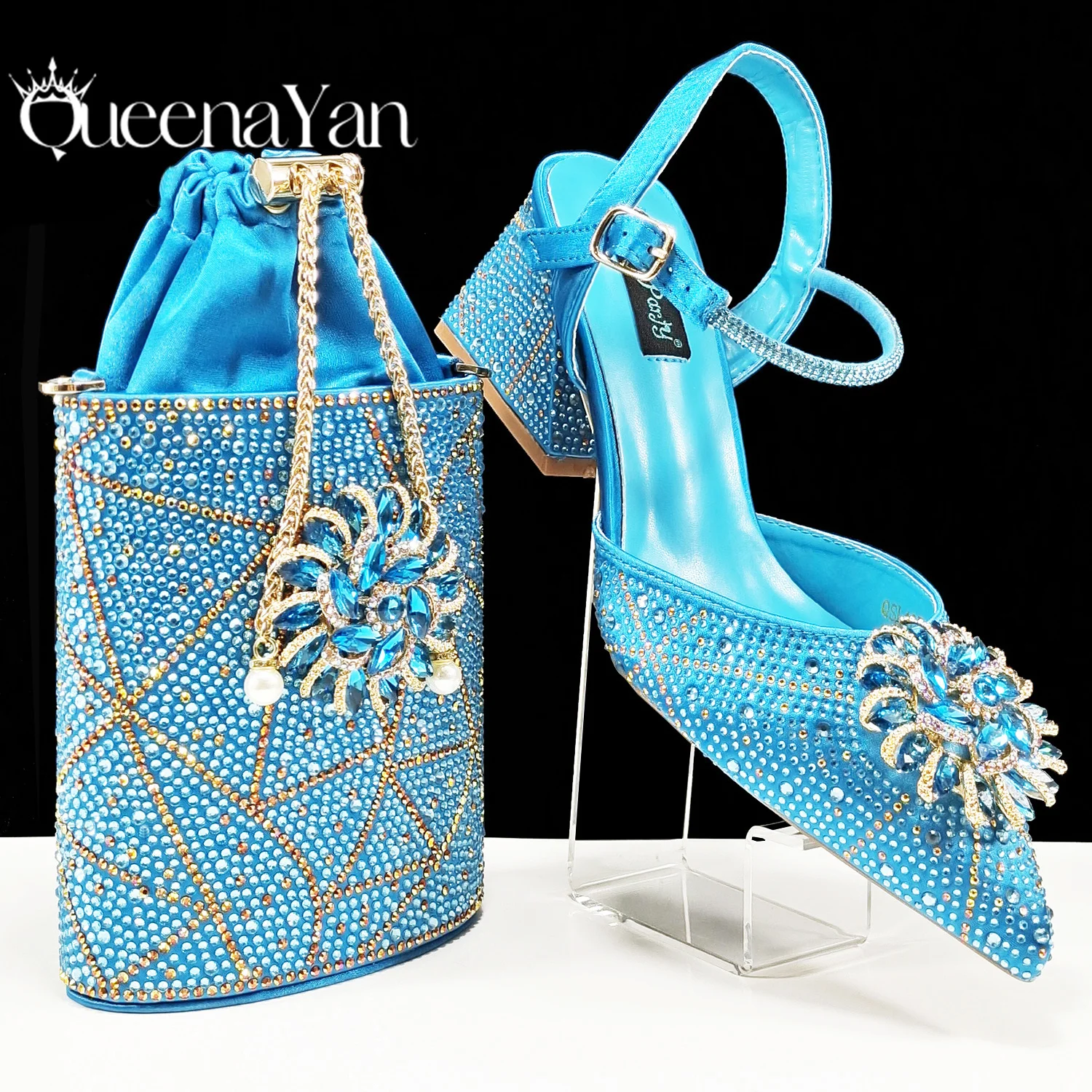 QSGFC 2024 Pointed Toe High Heels Shoes and Bags Set With Rhinestone for Women Wedding Party Elegant Luxury Fashion in Sky Blue