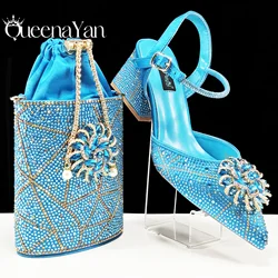 QSGFC 2024 Pointed Toe High Heels Shoes and Bags Set With Rhinestone for Women Wedding Party Elegant Luxury Fashion in Sky Blue