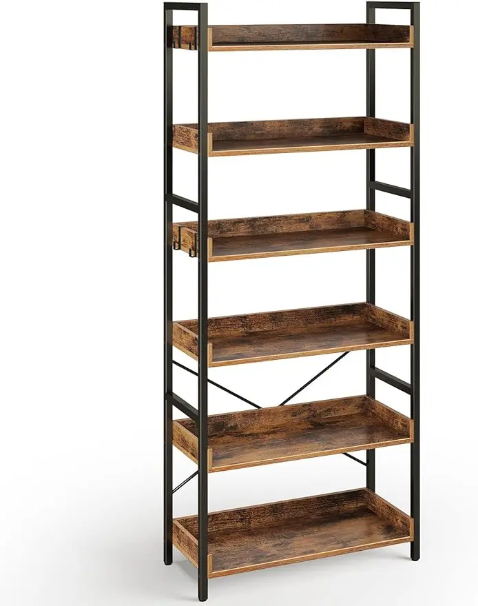 

Bookshelf 6 Tier with 4 Hooks, Industrial Bookcase, Vintage Storage Rack with Open Shelves