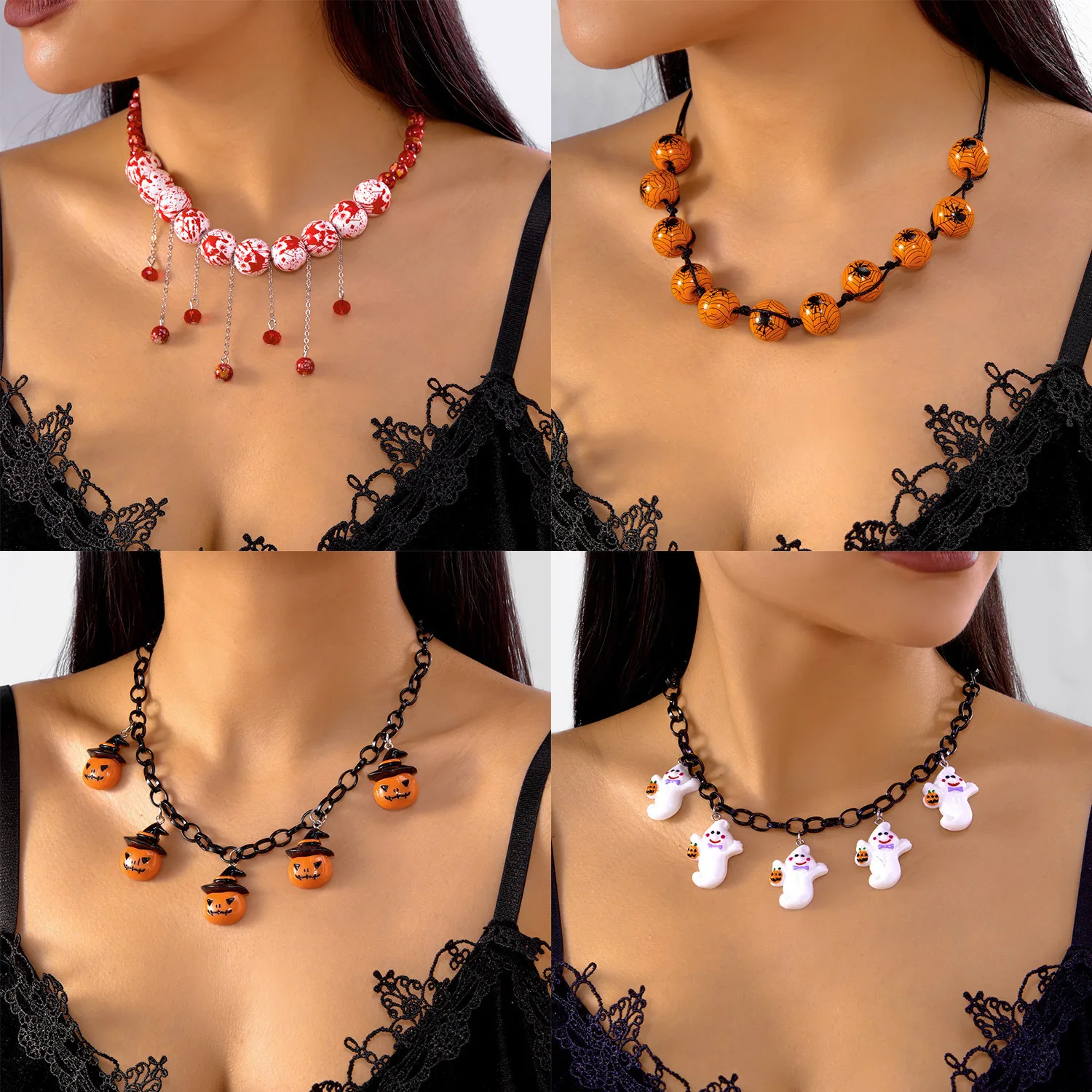 

Halloween Red Blood Pattern Wooden Beads Necklace for Women Tassel Spider Pumpkin Pendant Necklace Hat Bat Girl Jewelry Gift