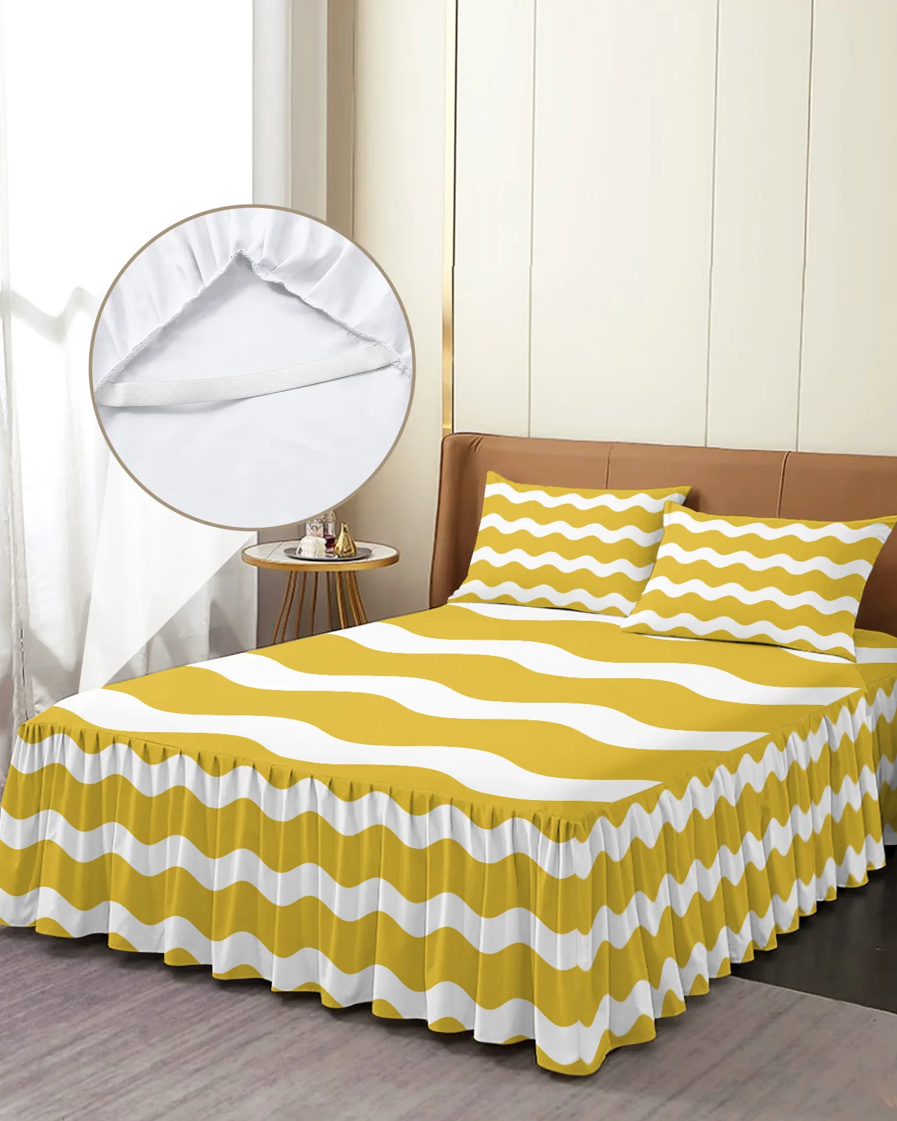 

Yellow Ripple Stripes Waves Bed Skirt Elastic Fitted Bedspread With Pillowcases Mattress Cover Bedding Set Bed Sheet