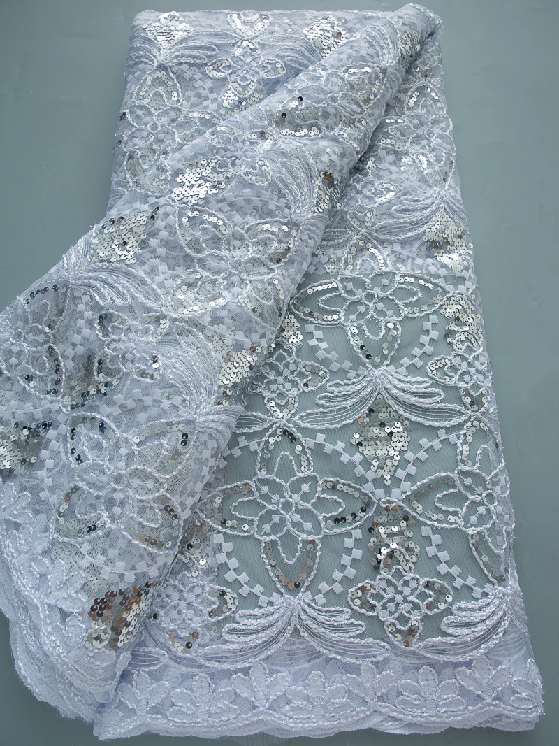 White 2025 African Sequins Lace Fabric 5 Yards High Quality French Nigerian Groom Lace Fabric For Sewing Dress Wedding Party