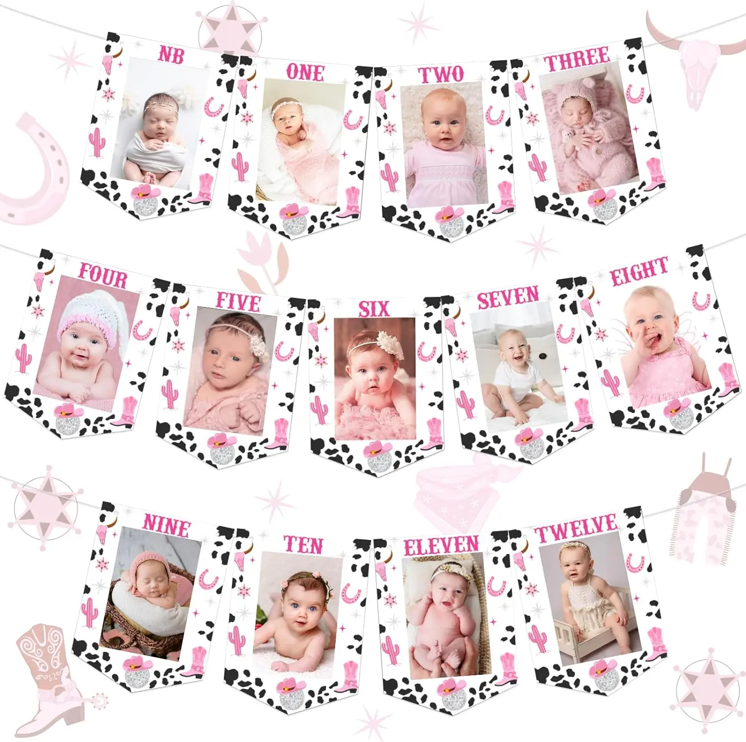 Space Cowgirl 1st Birthday Photo Banner Western Disco Monthly Milestone Photograph Bunting Garland Birthday Baby Shower Decor