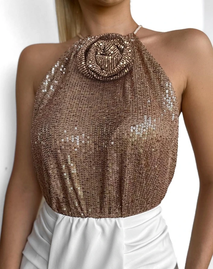 

Top Women 2024 Summer Fashion Rose Detail Allover Sequin Halter Casual Sleeveless Plain Daily Tank Top Y2K Clothes