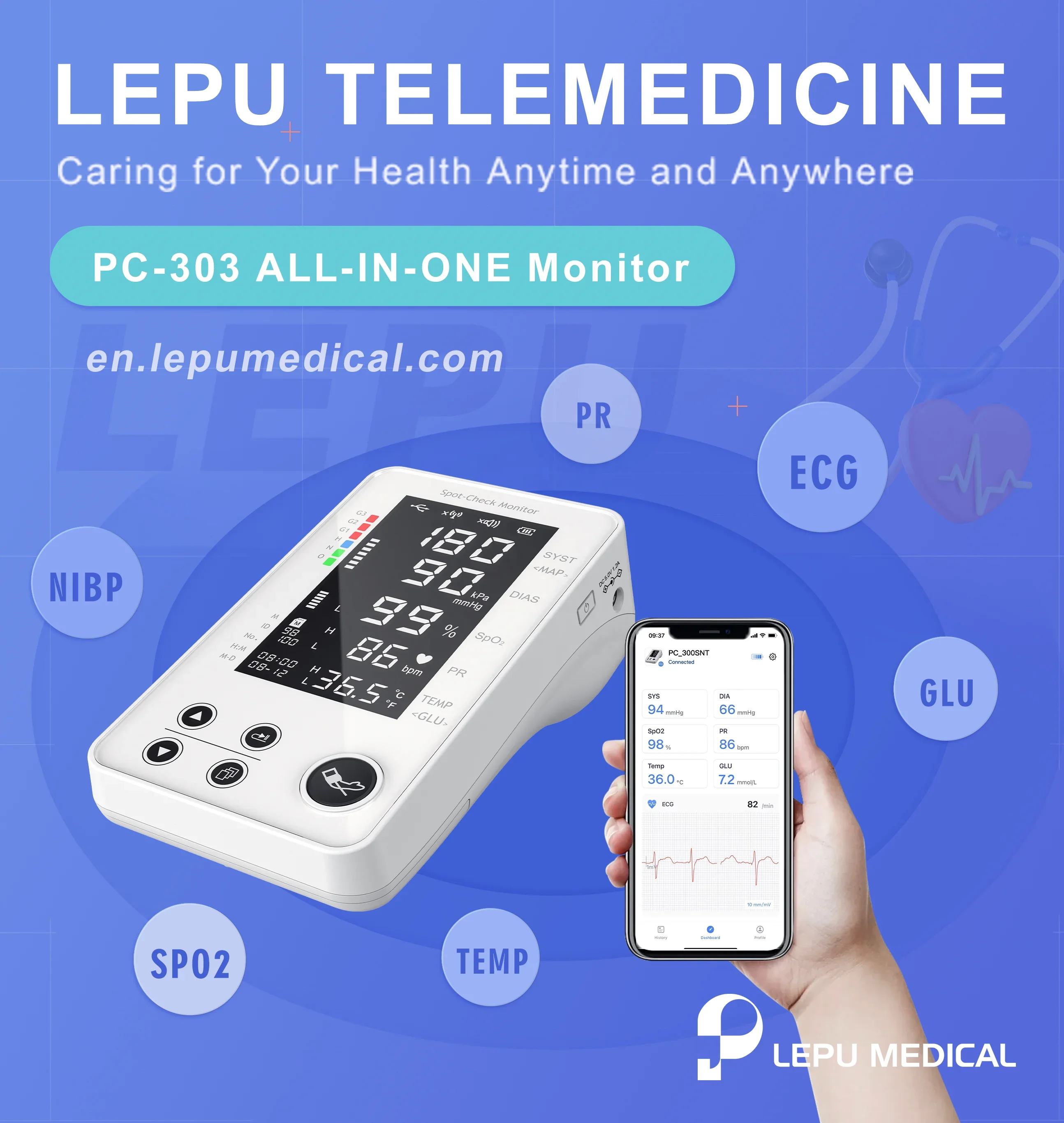 SPO2 NIBP Temperature Remote Patient EKG Wireless Spot-Check ECG Monitor Device Telemedicine Portable ECG Machine