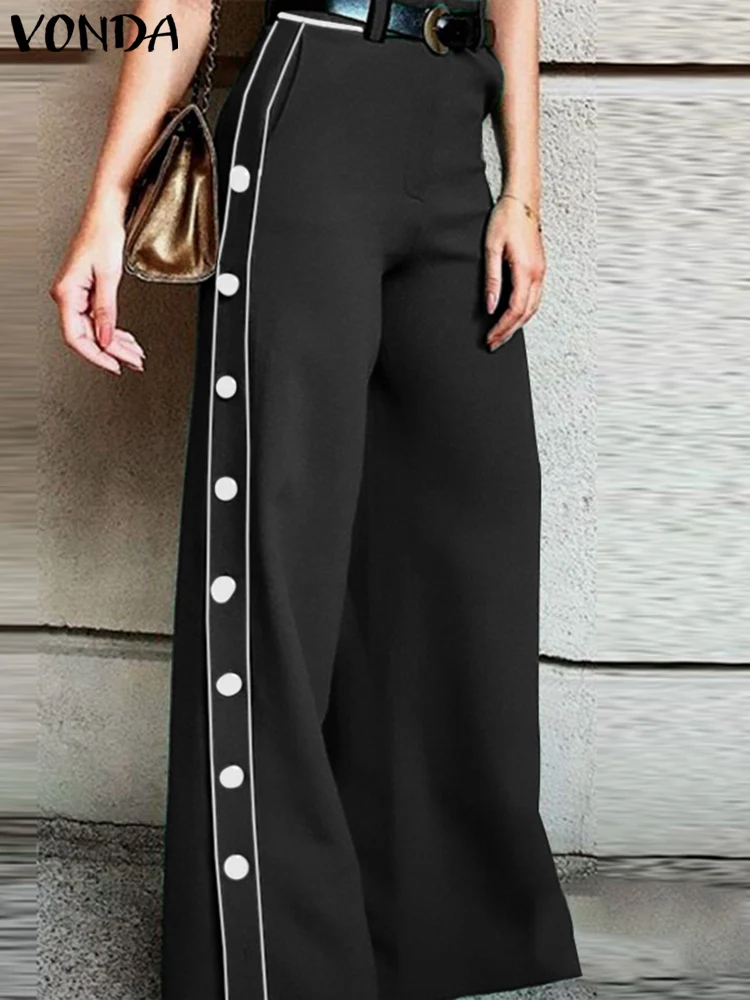 VONDA Elegant Wide Leg Pants 2024 Women Summer Side Buttons Down Fashion Long Pantalon Casual Solid High Waist Zipper Trousers