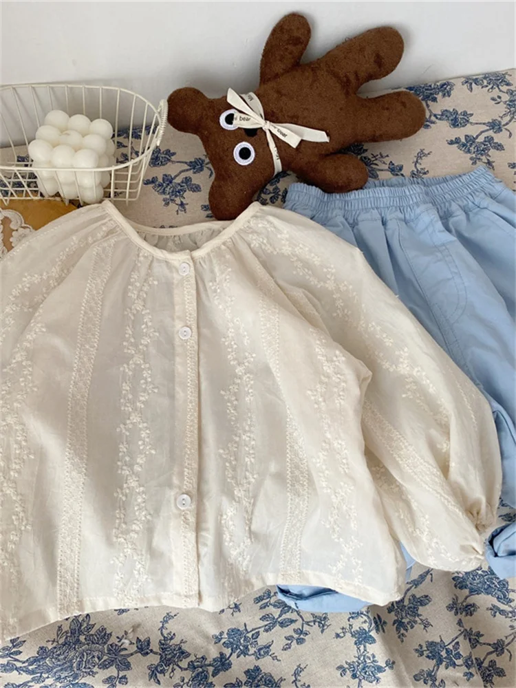 

Korean Sle Embroidered irt Casual Spring Autumn New Sle Little Girl Faionable Top Spring Leisure Upper Trendy Baby Girl