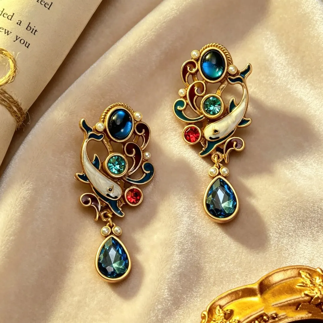 Vintage Summer Vacation enamel ethnic dolphin earrings ocean style vintage water drop glass diamond retro earrings 0060