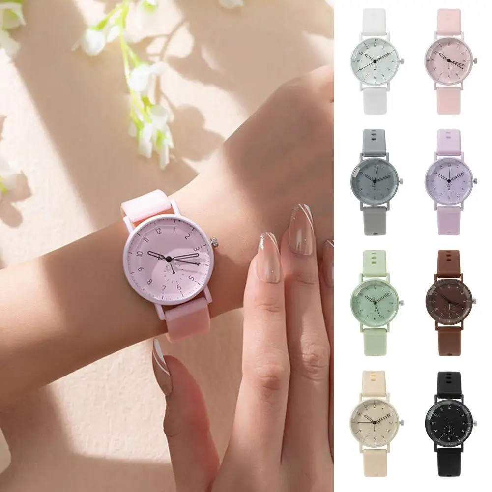 

Quartz Watch Round Dial Silicone Adjustable Silicone Strap Candy Color High Accuracy Lady Daily Wristwatch Dating Timepiece