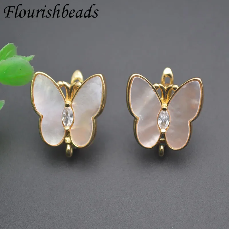 Big Size Natural Shell Paved CZ Beads Butterfly Shaped Earring Hooks Clasp for DIY Jewelry Making Supplies 20pcs/lot