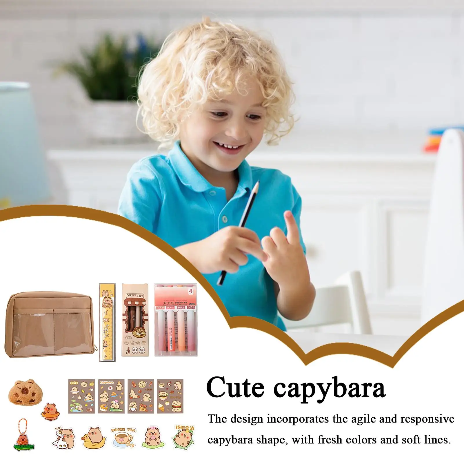 

Capybara Stationery Cute Capybara School Supplies With Brooch Canvas Compartments Pen Pouch With Highlighter Keychain Gel Pens
