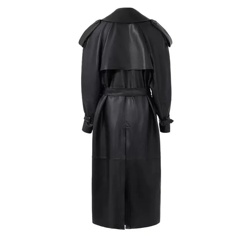 Fashion Women High Luxury Genuine Leather Trench Coat 2025 Fall New Double-breasted Ladies Super Length Sheepskin Trench Outwear