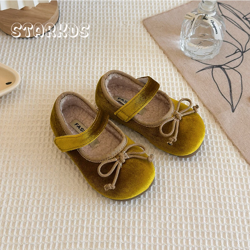 Warm Teddy Fur Inside Bowknot Velvet Ballet Flats Girls Retro Red Gold Velour Mary Jane Shoes Baby Child Winter Princess  Zapato