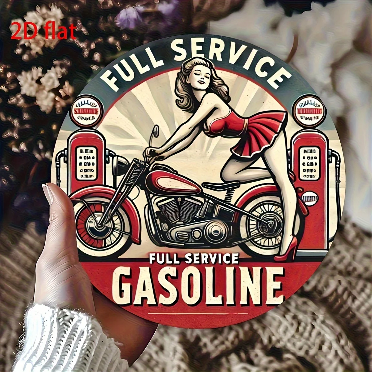 2D retro motorcycle decorative panel with wooden logo and retro gas station themed artwork.