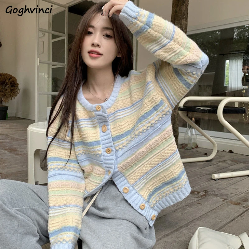 

Tender Striped Cardigans for Women Kawaii Baggy Autumn Korean Style Fashion Long Sleeve College Sweaters Casual All-match Simple