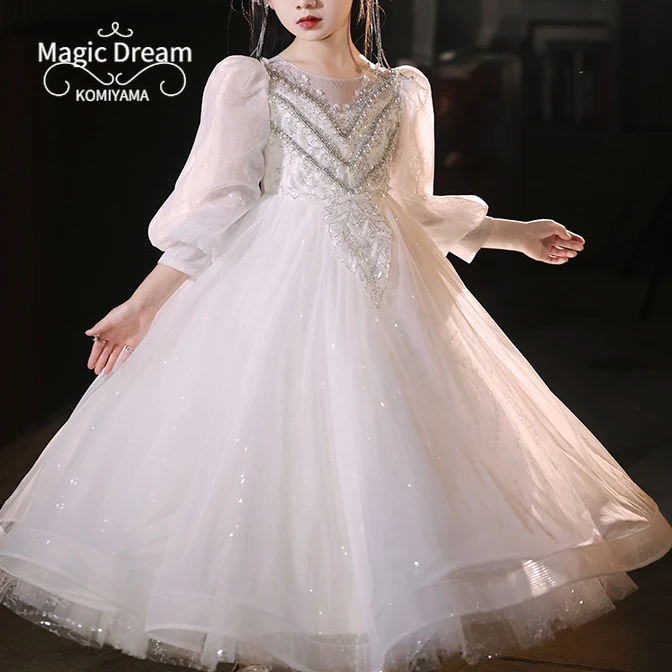 Customized Children Puff Sleeves Embroidered Sequins Fluffy Tulle Princess Dress Wed Flower Girls Dresses Slim Waist Birthday Pa