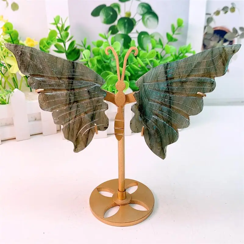 Natural Labradorite Butterfly Wing Carving Healing Fengshui Crafts For Home Decoration Festival Gift 1pair