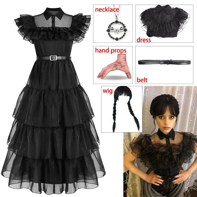 

Wednesday Addam Costume Girl Wednesday Dresses Cosplay Thing Hand Uniform Wig Suit Halloween for Women Adult Children