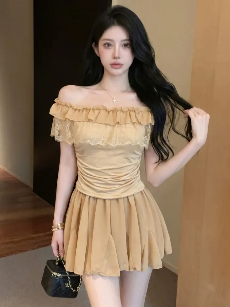 

Fashionable Summer Outfit Women's Ruffle Sleeve T-shirt And A-Line Skirt Two-Piece Set Breathable Casual CleanFit Style