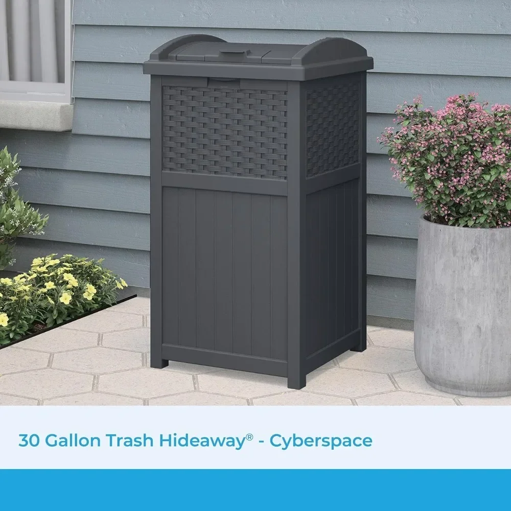 Gallon Resin Outdoor Hideaway Trash Can, Features a decorative wicker-style design for a stylish addition to your outdoor space