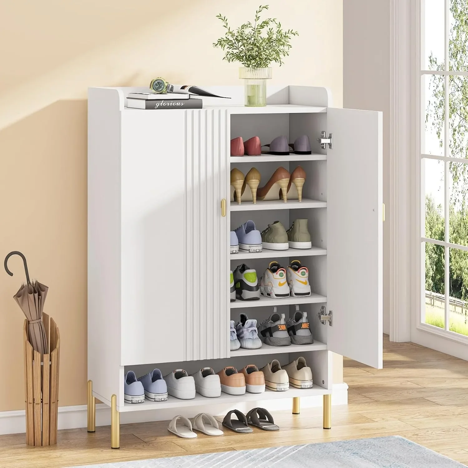 

Slim 6-Tier Shoe Cabinet with Adjustable Shelves, Freestanding Wood Shoe Rack for Entryway, Hallway, Living Room, White
