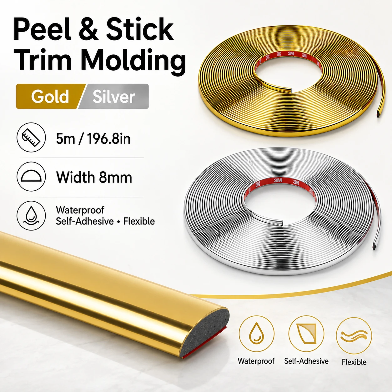 Baseboard Molding Trim - 2/1 Rolle Selbstklebende D-förmige Zierleiste, Wasserdichte
