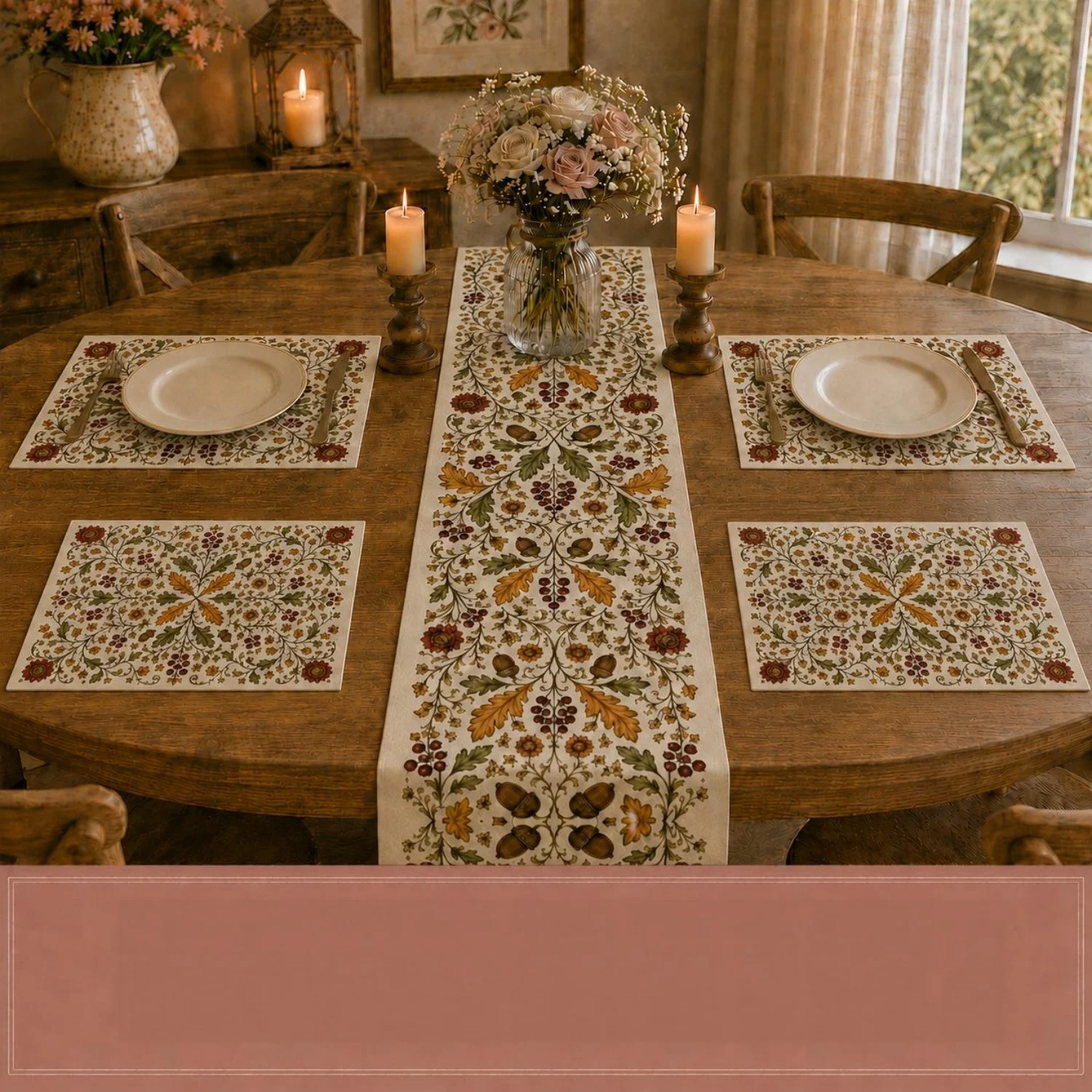 Autumn Oak Leaf Table Runner,Acorn Berry Floral Runner,Vintage Thanksgiving Decor,Cottagecore Fall Runner