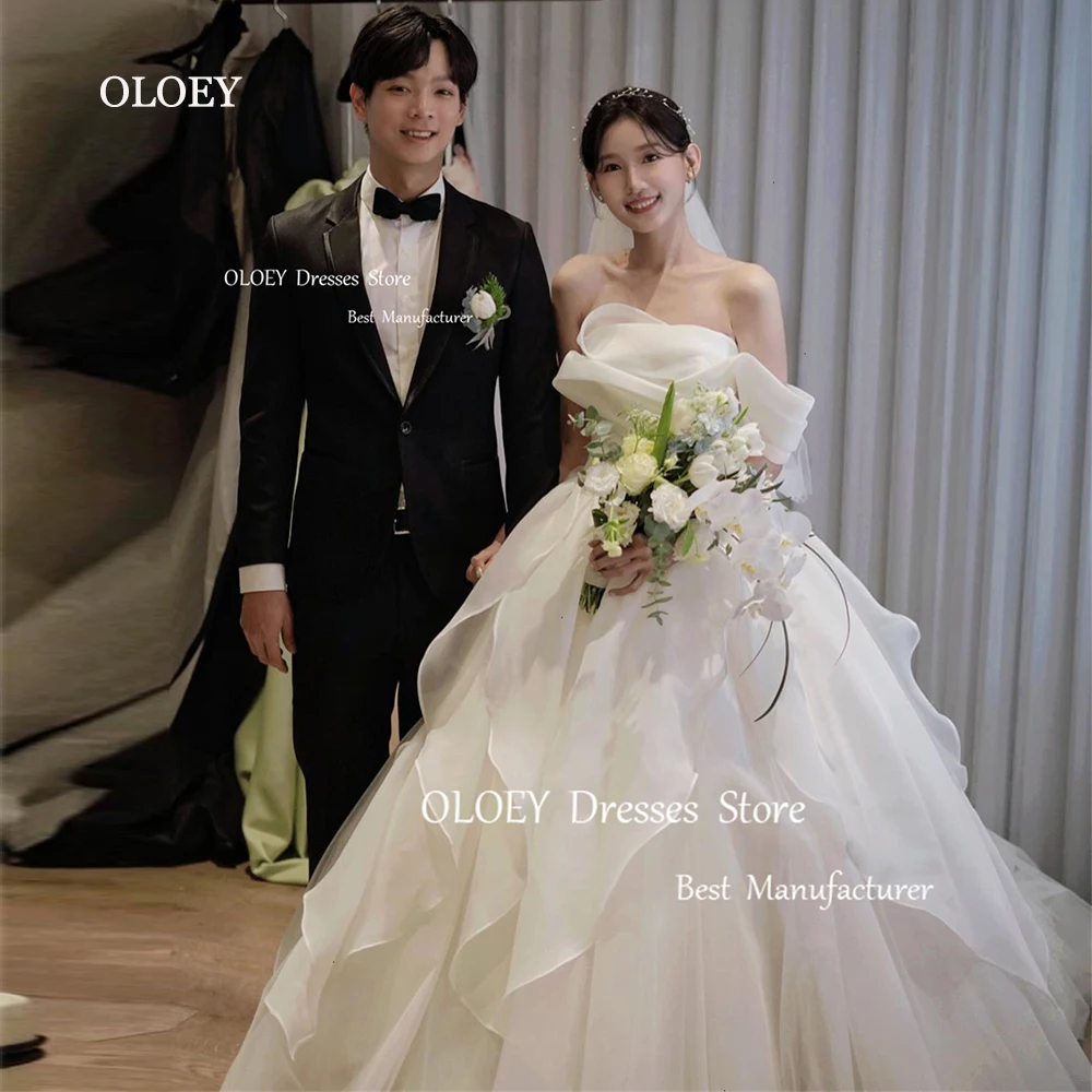 OLOEY Exquisite Korea Wedding Dresses Photoshoot Cap Sleeves Customized Ruffles Silky Tulle Bridal Gown Corset Back Floor Length