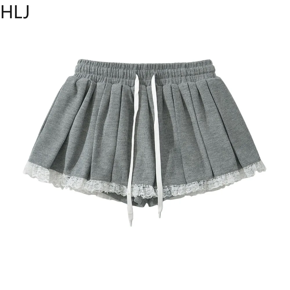 HLJ Gray Y2K Fashion Bow Lace Splicing Hooded Two Piece Sets Women O Neck Long Sleeve Crop Top And Pleated Mini Skirts Outfits