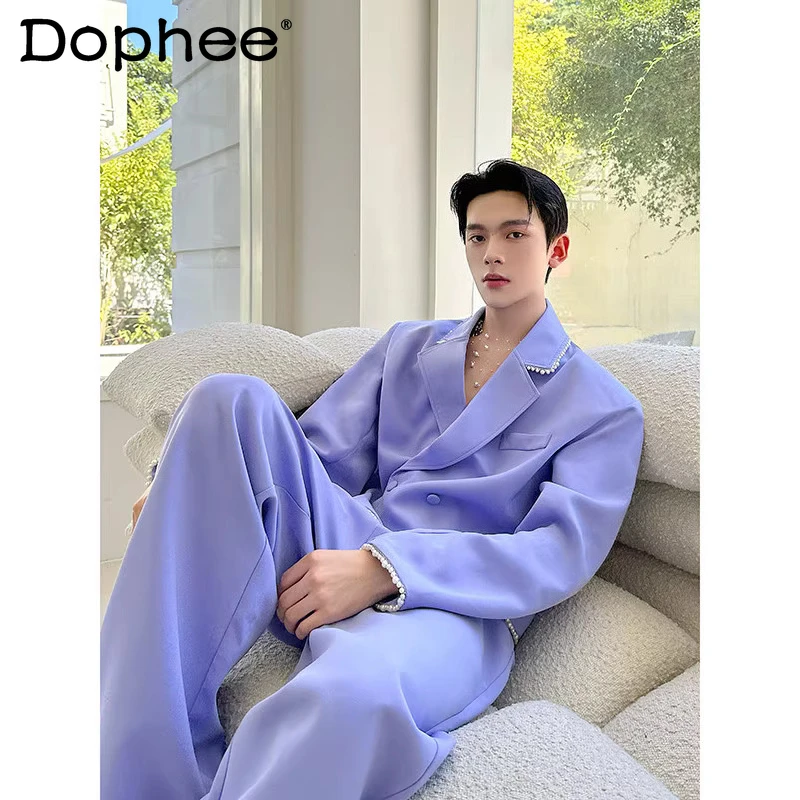 

2025 мужские осенне-зимние новые легкие роскошные комплекты брюк, джентльменский дизайн из бисера, красивые свободные пиджаки, комплекты брюк с широкими штанинами