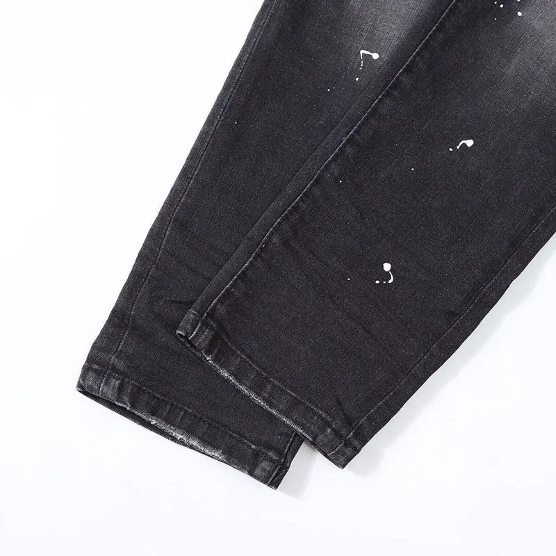 Latest designer fashion new men's jeans stretch slim fit splicing black painted jeans high street hip-hop brand pants hombre