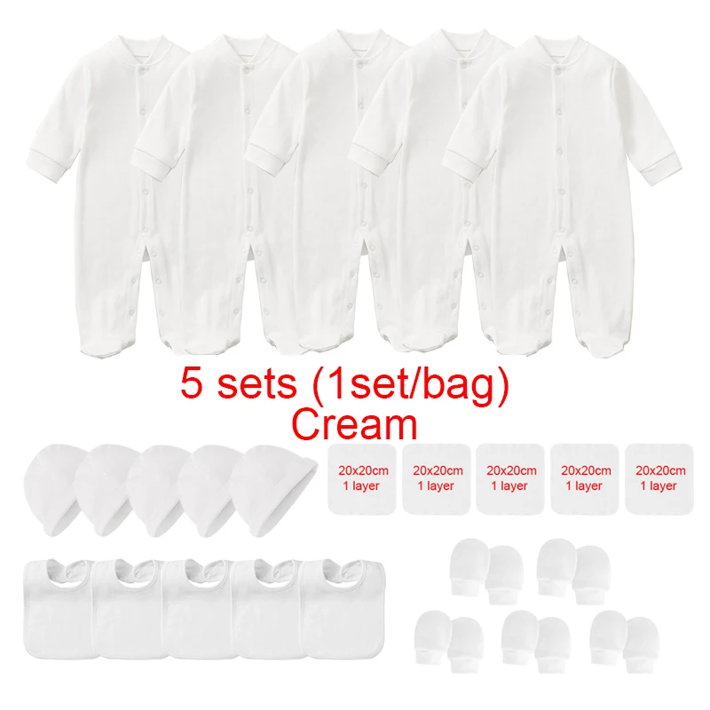 

5 Sets Wholesale Newborn Baby Clothing Sets Romper Bonnet Bibs Towel Sleepsuits Jumpsuits Growings One-Pieces Sleepers Roupa