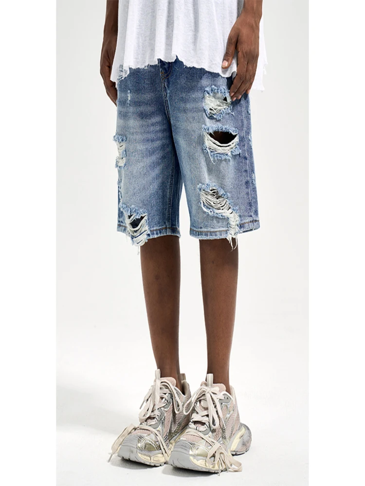 High Street Potholes Weathered Retro Casual Skateboard Pants Summer Wash Ragged Denim Shorts