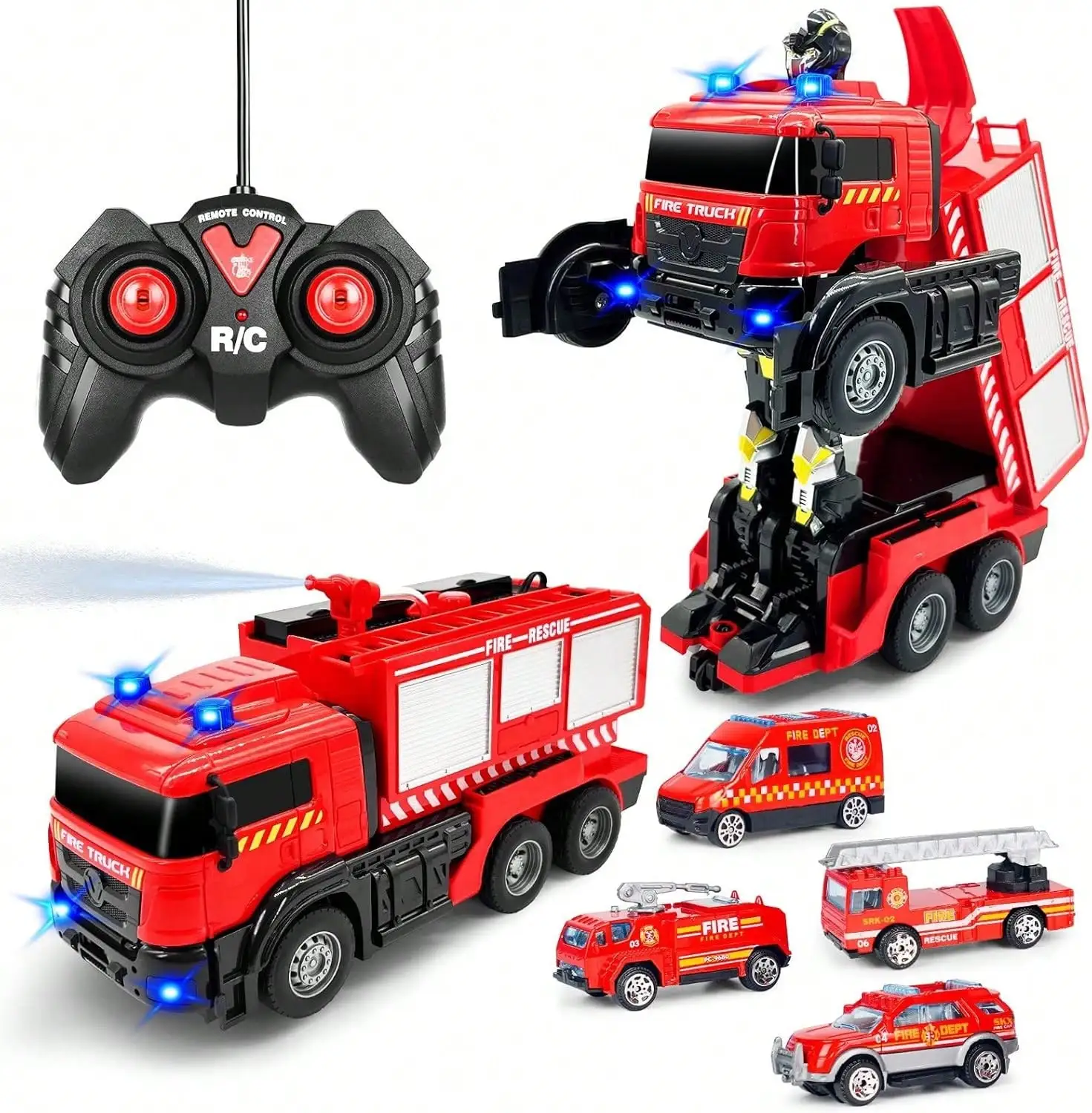 

RC Fire Truck w/ 3 Mini Trucks 10 Roadblocks LED Sound Spray Transformer Gift
