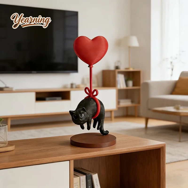 Creative Suspended Black Cat Love Balloon Desktop Ornament 3D Printed Healing Home Decor Valentine