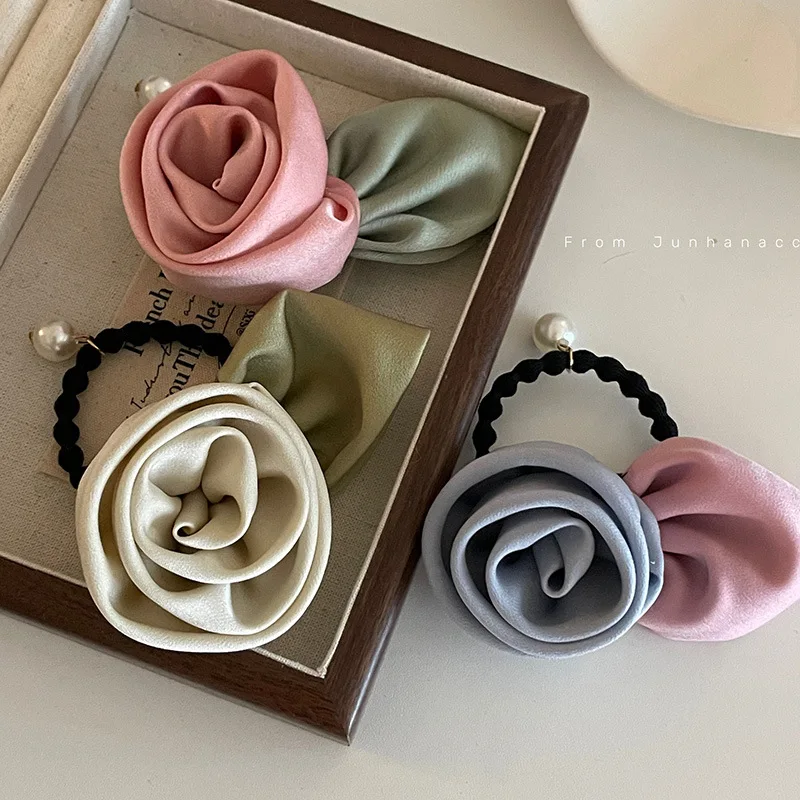 French Rose Leaf Hair Band High-Grade Satin Flower Fairy Hair Rope Ponytail Rubber Band Hair Rope Headwear Hair accessories