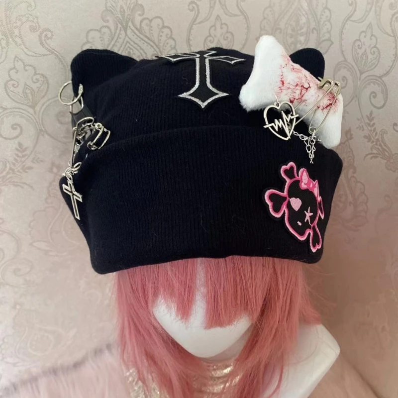 

Japanese Beanie Hat Girls Gothic Ear Knitted Hat Autumn And Winter Ears Pointed Pullover Striped Hat Dropshipping