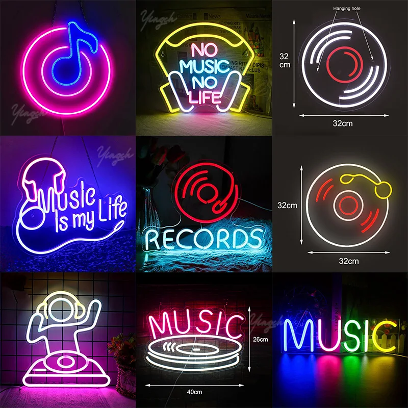 Music Records Neon Sign Light LED Letter Note Sign Decoration Lamp for Room Studio Party Club Podcast Wall Hanging Night Light