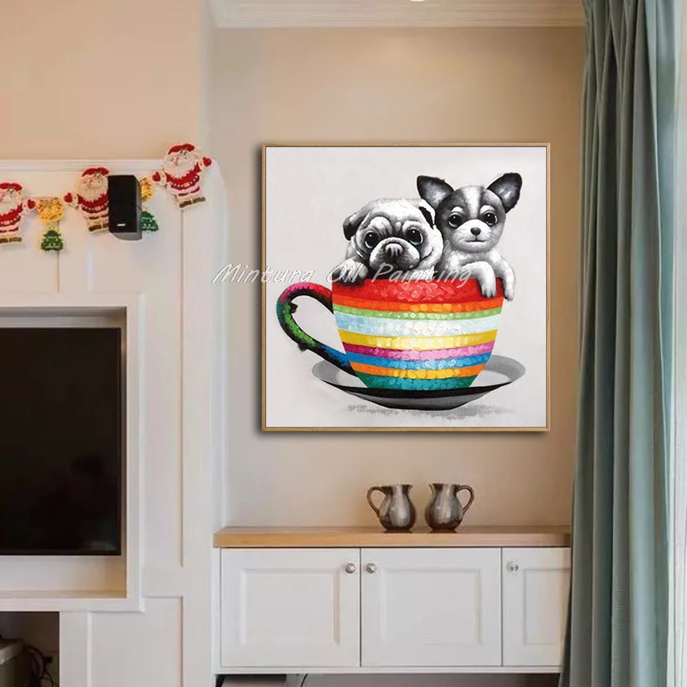 Mintura Painting for Living Room Wall Art Cartoon Two Dogs in A Cup Acrylic Canva Oil painting Hand-Painted Home Decor No Framed