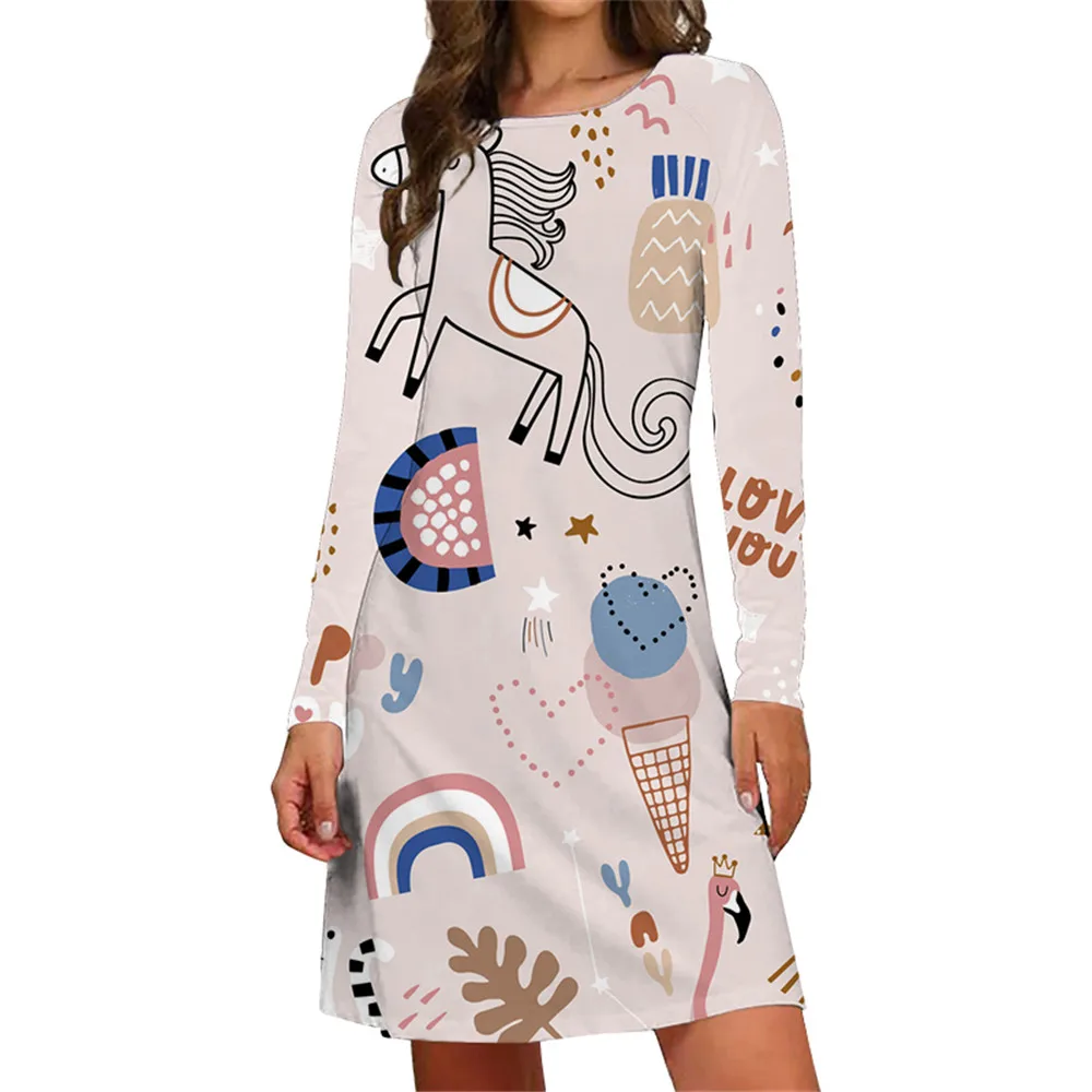 Zebra Stripes Animal Cats Print Dresses For Women Trend Cute Long Sleeve O-Neck A-Line Dress Oversized Casual Fashion Clothing