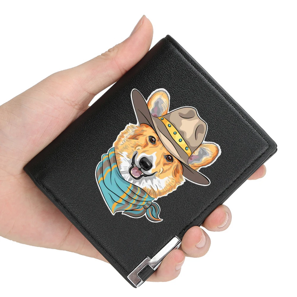 

New Arrivals fashion Cute corgi wearing a hat Printing Pu Leather Wallet Men Women Billfold Credit Card Holders Short Purses